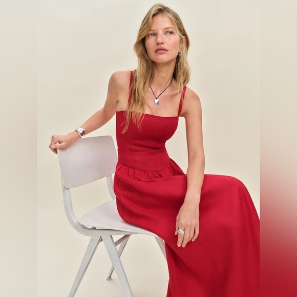 NEW Reformation Katarin Linen Midi Dress Lipstick Red Lace Detail | US 0 UK 4 - Picture 5 of 15